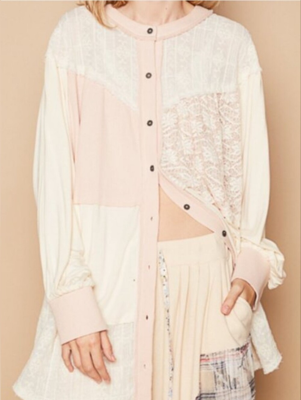 POL Patchwork Lace Button Down Shirt Size Small Oversized Boho FKT1347 Boho